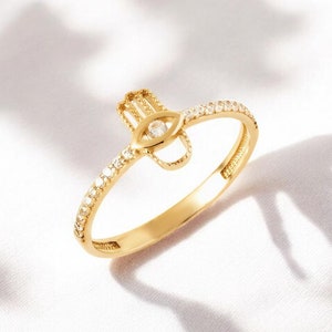 14K Gold Hamsa Ring With Sparkling CZ, Evil Eye Protection Jewelry, Dainty Minimalist Ring For Women, Symbolic Gold Gift
