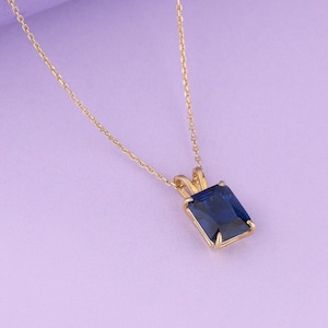 14k Gold Radiant Cut Sapphire Necklace, Minimalist Dainty Necklace for Women, September Birthstone Necklace, Solitaire Necklace for Her