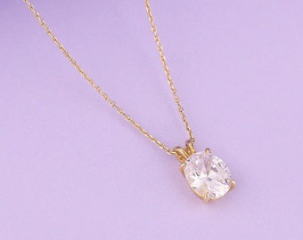 14K Gold Diamond Necklace, Oval Cut Necklace, Minimalist Dainty Necklace for Her, Solitaire Necklace For Women, April Birthstone Necklace