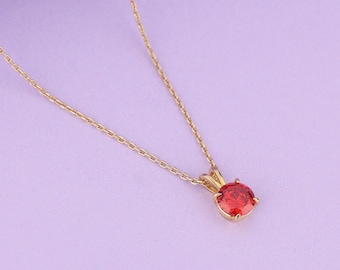 14K Gold Round Cut Garnet Necklace, Minimalist Dainty Necklace, Solitaire Necklace for Women, January Birthstone necklace, Gift for Her