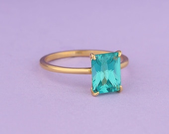 14K Gold Radiant Cut Paraiba Tourmaline Wedding Ring, Solitaire Ring for Her, Minimalist Dainty Ring, Wedding Band, Anniversary Gift