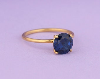 Round Cut Sapphire Ring in 14K Solid Gold, Solitaire Ring, September Birthstone Ring, Minimalist Dainty Jewelry, Wedding Band Ring for Her