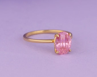 Oval Cut Pink Tourmaline Ring in 14K Solid Gold, Gemstone Engagement Ring, 14K Gold Solitaire Ring for Women, Anniversary Gift for Wife