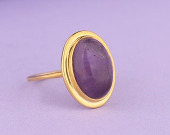 14K Solid Gold Amethyst Ring, Oval Cut Natural Gemstone Ring, Minimalist Statement Ring, Dainty Jewelry for Women, Anniversary Gift for Her