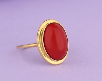 Red Coral Ring, Natural Gemstone Ring, Minimalist Statement Ring for Her, Oval Dainty Ring for Women in Silver or Gold, Anniversary Gift
