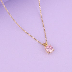 14K Gold Pink Tourmaline Round Cut Necklace, Solitaire Necklace for Women, October Birthstone Necklace,  Minimalist Dainty Necklace for Her