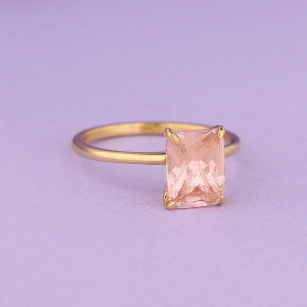 14K Gold Radiant Cut Morganite Wedding Ring, Solitaire Engagement Ring for Women, Minimalist Dainty Ring for Her, Anniversary Gift for Wife