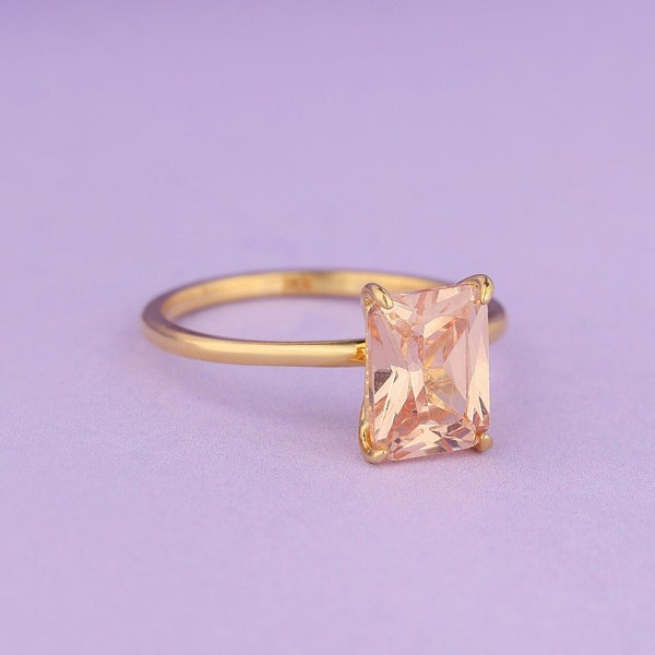 14K Gold Radiant Cut Morganite Ring, Engagement Ring for Women, Solitaire Ring, Minimalist Dainty Ring for Her, Elegant Wedding Band