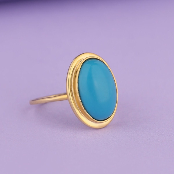 14K Solid Gold Oval Turquoise Ring, Natural Gemstone Ring, Minimalist Statement Ring for Her, Elegant Gift for Women, Birthday Gifts