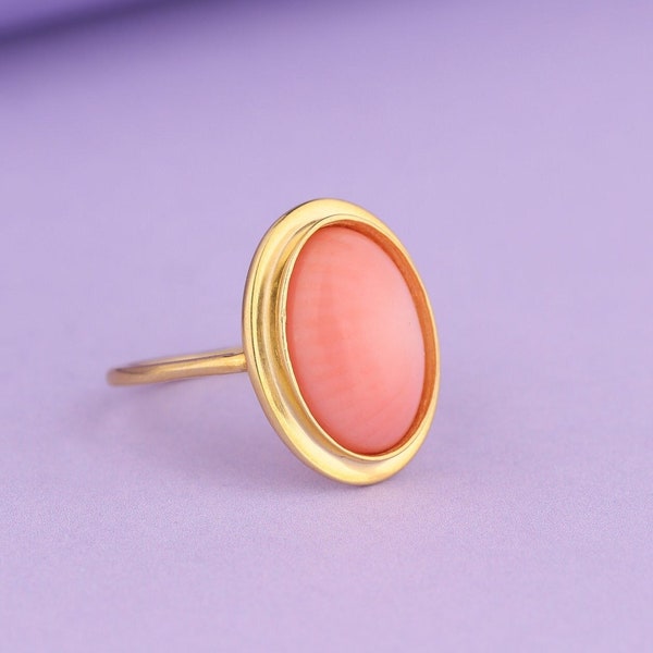 14K Solid Gold Pink Coral Ring, Natural Gemstone Ring, Minimalist Statement Ring, Elegant Dainty Ring for Women, Mothers Day Gift for Her