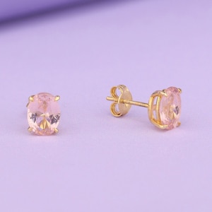 Oval Cut Morganite Earrings for Her, 14K Solid Gold Stud Earrings, Solitaire Earrings for Women, Minimalist Dainty Earrings, Gift for Wife