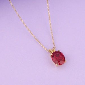 14K Gold Oval Cut Ruby Necklace, Minimalist Dainty Necklace for Her, Solitaire Necklace For Women, July Birthstone Necklace, Gift for Mother