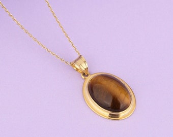 14k Gold Tiger's Eye Dainty Necklace for Women, Oval Dainty Necklace, Handmade Silver Jewelry, Anniversary Gift, Natural Stone Necklace