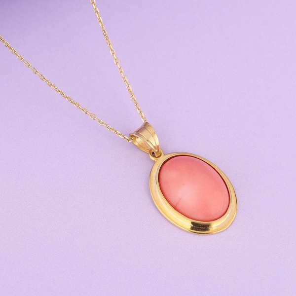 14k Gold Pink Coral Necklace, Handmade Oval Cut Gemstone Necklace, Natural Stone Jewelry for Her, Mothers Day Gift, Gift for Girlfriend