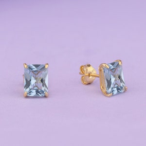 14K Gold Radiant Cut Blue Topaz Earrings, Engagement Jewelry, Solitaire Bridal Earrings, Dainty Jewelry, December Birthstone Earrings