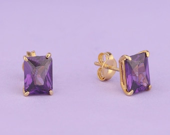 14K Gold Radiant Cut Amethyst Earrings, Engagement Jewelry, Solitaire Bridal Earrings, Dainty Jewelry for Her, February Birthstone Gift