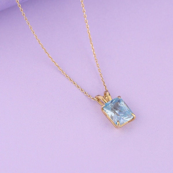 14k Gold Radiant Cut Aquamarine Necklacce, Minimalist Dainty Necklace, Birthstone Necklace, Solitaire Necklace, March Birthstone Necklace