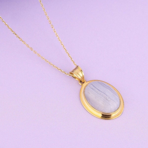 14k Gold Oval Blue Lace Agate Necklace, Silver Gemstone Necklace for Her, Natural Stone Necklace, Dainty Jewelry for Women, Mothers Gift