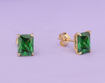 14K Gold Radiant Cut Emerald Earrings, Engagement Jewelry, Solitaire Bridal Earrings, Dainty Jewelry for Her, May Birthstone Gift for Women