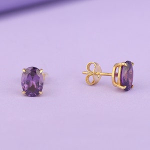 Oval Cut Amethyst Earrings, 14K Gold Stud Earrings, February Birthstone Earrings, Solitaire Earrings for Her, Minimalist Dainty Earrings