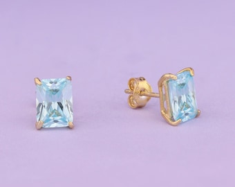 14K Gold Radiant Cut Aquamarine Earrings, Engagement Jewelry, Solitaire Bridal Earrings, Dainty Jewelry for Her, March Birthstone Earrings