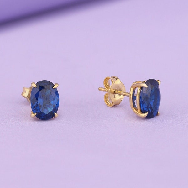 Oval Cut Sapphire Earrings, 14K Gold Stud Earrings, September Birthstone Earrings, Solitaire Earrings for Her, Minimalist Dainty Earrings