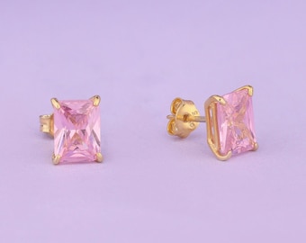 14K Gold Radiant Cut Pink Tourmaline Earrings, Engagement Jewelry, Solitaire Bridal Earrings, Dainty Jewelry, October Birthstone Earring