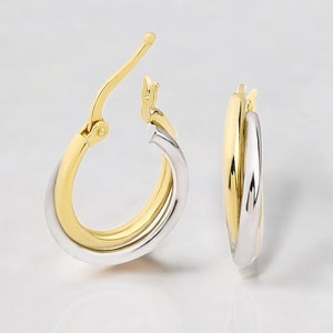 14K Two-Tone Gold and Silver Small Hoop Earrings, Minimalist Hypoallergenic Jewelry for Women, Elegant Everyday Accessory
