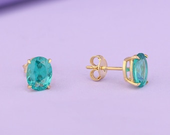 14K Gold Paraiba Tourmaline Stud Earrings, Oval Cut Gemstone Earrings, Solitaire Earrings for Her, Minimalist Dainty Earrings for Women