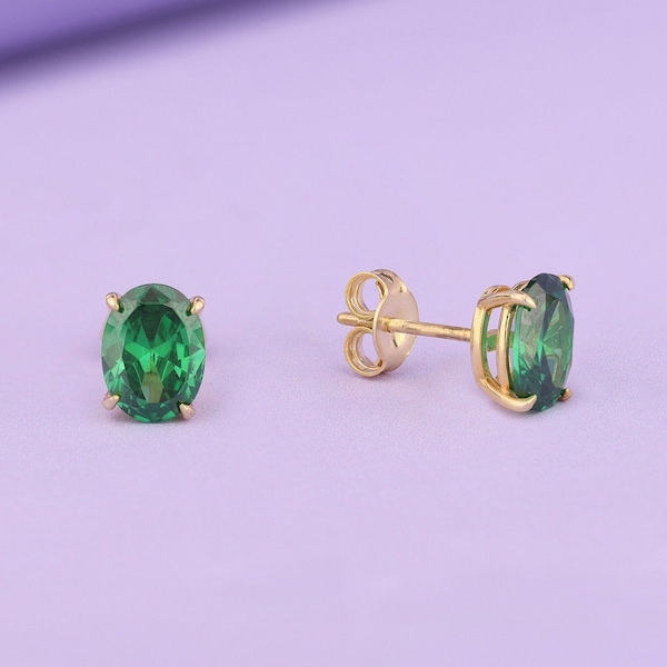 Oval Cut Emerald Earrings, 14K Solid Gold Stud Earrings, May Birthstone Earrings,Solitaire Earrings for Her, Minimalist Dainty Earrings