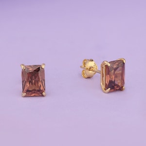 14K Gold Radiant Cut Earrings, Brown Diamond Earrings, Engagement Jewelry for Women, Solitaire Bridal Earrings, Dainty Jewelry for Her