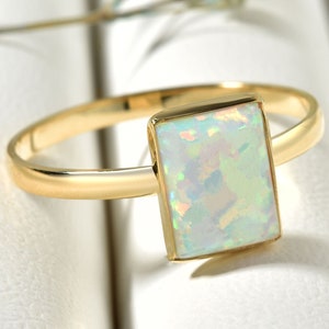 Genuine Rectangle White Opal Ring For Women, Simple Opal Birthstone Ring For Sister, Real Opal Band Ring For Wedding