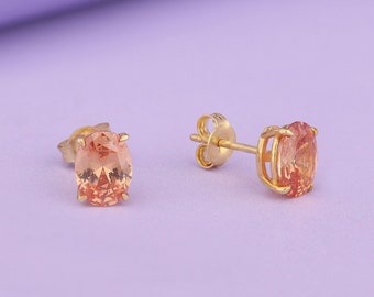Oval Cut Orange Gemstone Earrings in 14K Solid Gold, Stud Earrings, Solitaire Earrings for Women, Minimalist Dainty Earrings