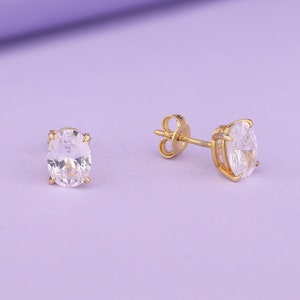 14K Solid Gold Diamond Earrings, Solitaire Stud Earrings for Her, Oval Cut Earrings for Women, Minimalist Dainty Earrings, Gift for Wife