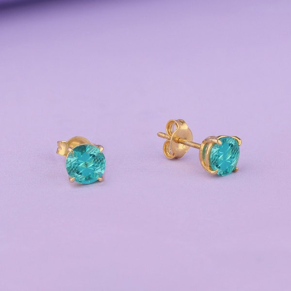 Round Cut Paraiba Tourmaline Earrings in 14K Gold, Stud Earrings for Women, Solitaire Earrings for Her, Minimalist Dainty Earrings