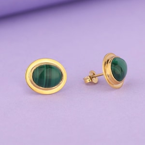 14K Solid Gold Malachite Earrings, Solitaire Stud Earrings, Minimalist Dainty Jewelry for Women, Oval Gemstone Earrings, Gift for Mother