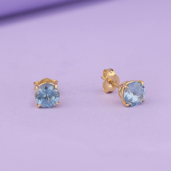 Round Cut Blue Topaz Earrings in 14K Gold, Stud Earrings, Solitaire Earrings, Minimalist Dainty Earrings, December Birthstone Earrings