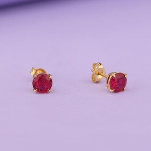 Round Cut Ruby Earrings in 14K Gold, Stud Earrings for Women, Solitaire Earrings for Her, Minimalist Dainty Earrings, Anniversary Gift