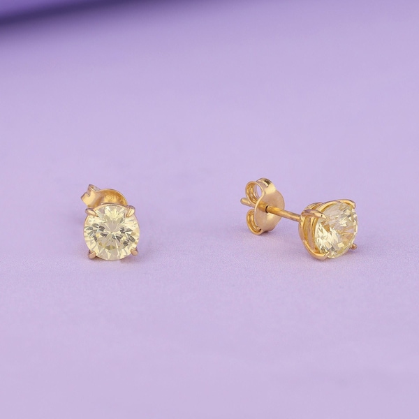 Round Cut Yellow Diamond Earrings in 14K Gold, Stud Earrings for Women, Solitaire Earrings, Minimalist Dainty Earrings, Gift for Wife