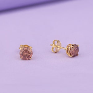 Round Cut Brown Diamond Earrings in 14K Gold, Stud Earrings for Women, Solitaire Earrings for Her, Minimalist Dainty Earrings, Gift for Wife