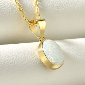 Natural Oval White Opal Necklace in 14K Gold or Silver, Gemstone Necklace For Bridal, Real October Birthstone Necklace
