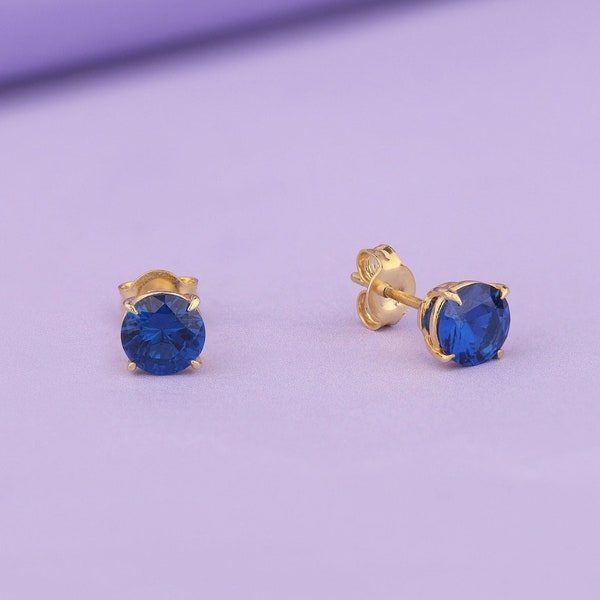 Round Cut Sapphire Earrings in 14K Gold, Stud Earrings, Solitaire Earrings, Minimalist Dainty Earrings, September Birthstone Earrings