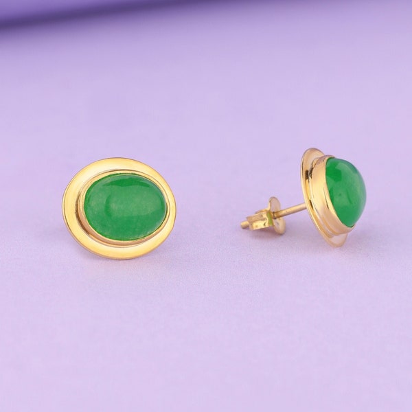 14K Solid Gold Earrings, Oval Green Jade Earrings, Stud Earrings for Her, Minimalist Dainty Jewelry for Women, Elegant Gift for Mother