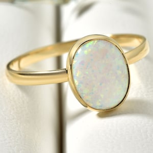 Oval Natural Opal Ring in 14K Gold or Silver, Dainty White Opal Band Ring For Wedding, Simple Real Opal Ring For Promise