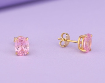 Oval Cut Pink Tourmaline Earrings, 14K Solid Gold Stud Earrings, Solitaire Earrings for Her, Minimalist Dainty Earrings for Women