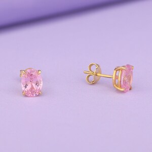 Oval Cut Pink Tourmaline Earrings, 14K Solid Gold Stud Earrings, Solitaire Earrings for Her, Minimalist Dainty Earrings for Women