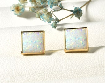 Square Large Opal Stud Earrings For Wedding, 14K Gold or Silver Bridal Earrings with Real White Opal, Aesthetic Earrings