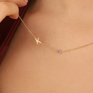 14K Gold Birthstone Sideway Custom Initial Necklace, Personalized Name Birthstone Necklace, Family Birthstone Name Necklace, Mother Gift