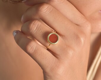 Round Big Carnelian Silver Ring, Natural Carnelian Ring, Minimalist Carnelian Ring, Silver Carnelian Ring, Boho Rings, Red Carnelian Jewelry