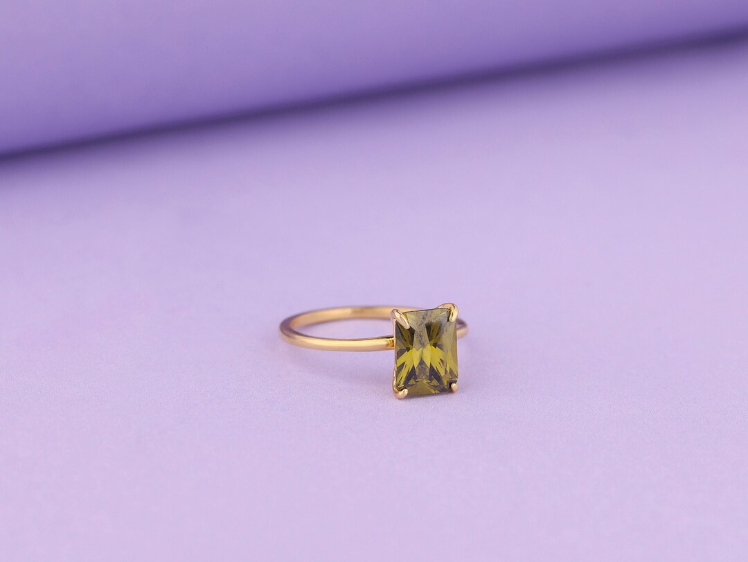 14K Gold Radiant Cut Olivite Green Wedding Ring, Solitaire Ring, Minimalist Dainty Ring for Her
